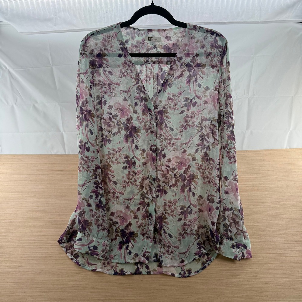 Kut from the Kloth Floral V-Neck Blouse Mint Purple Roll Tab Sleeve Large Fairy